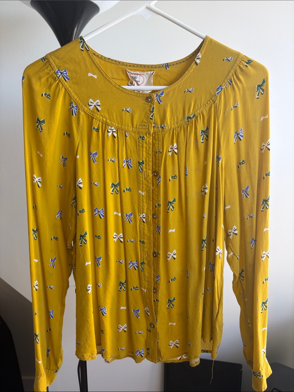 Anthropologie Mustard Yellow Bow-Print Button-Up Blouse